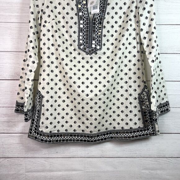Tory Burch Kingfish Print Sequin Embellished Ivory Cotton Tunic Size 8 NWT - Picture 5 of 11